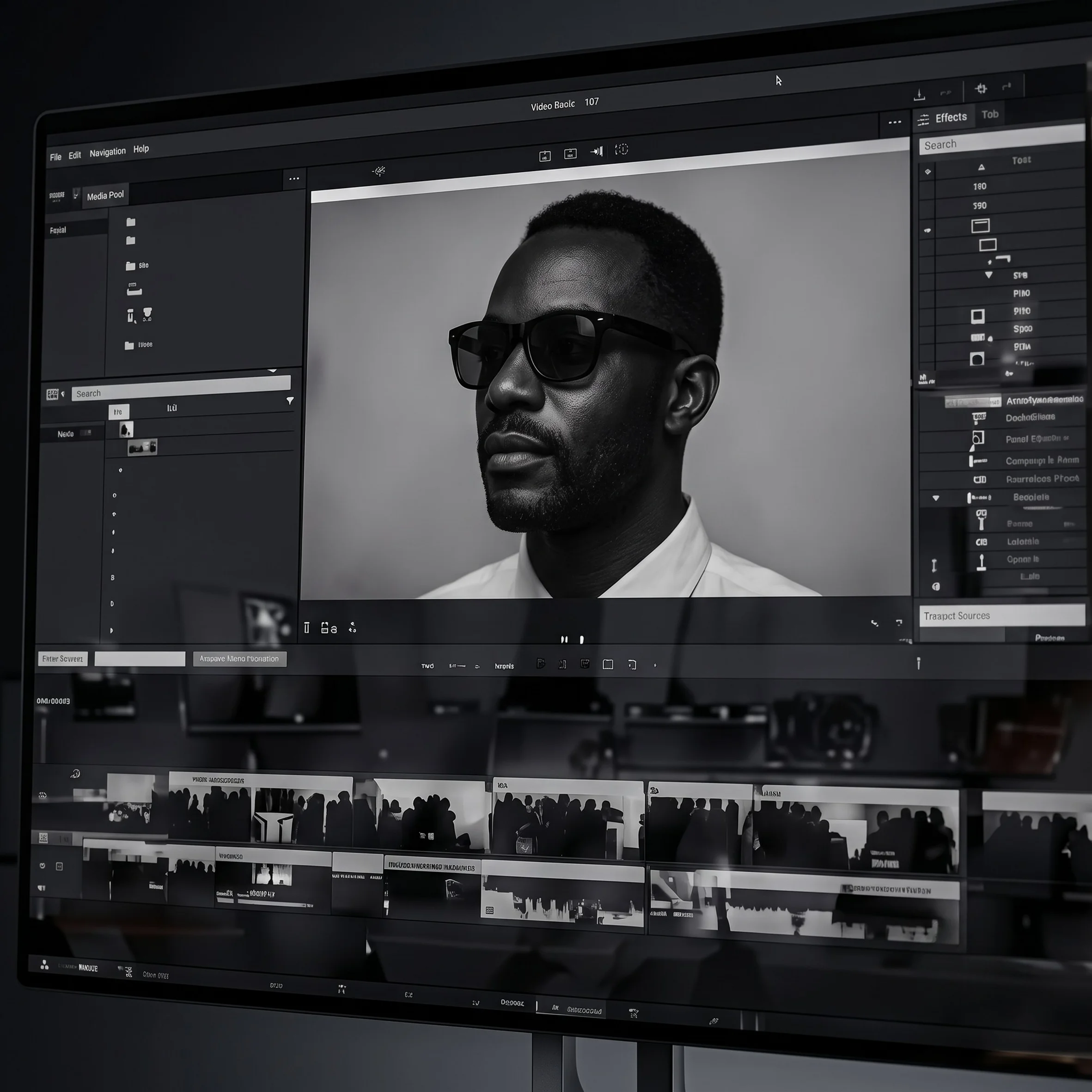 A fashion portrait displayed on a professional editing monitor