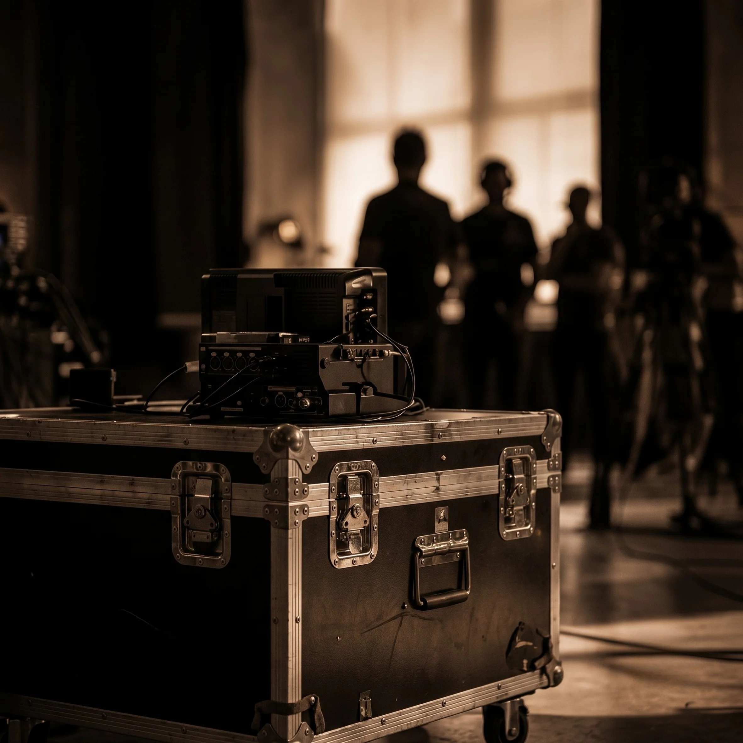 Production cases and crew inside a fashion studio