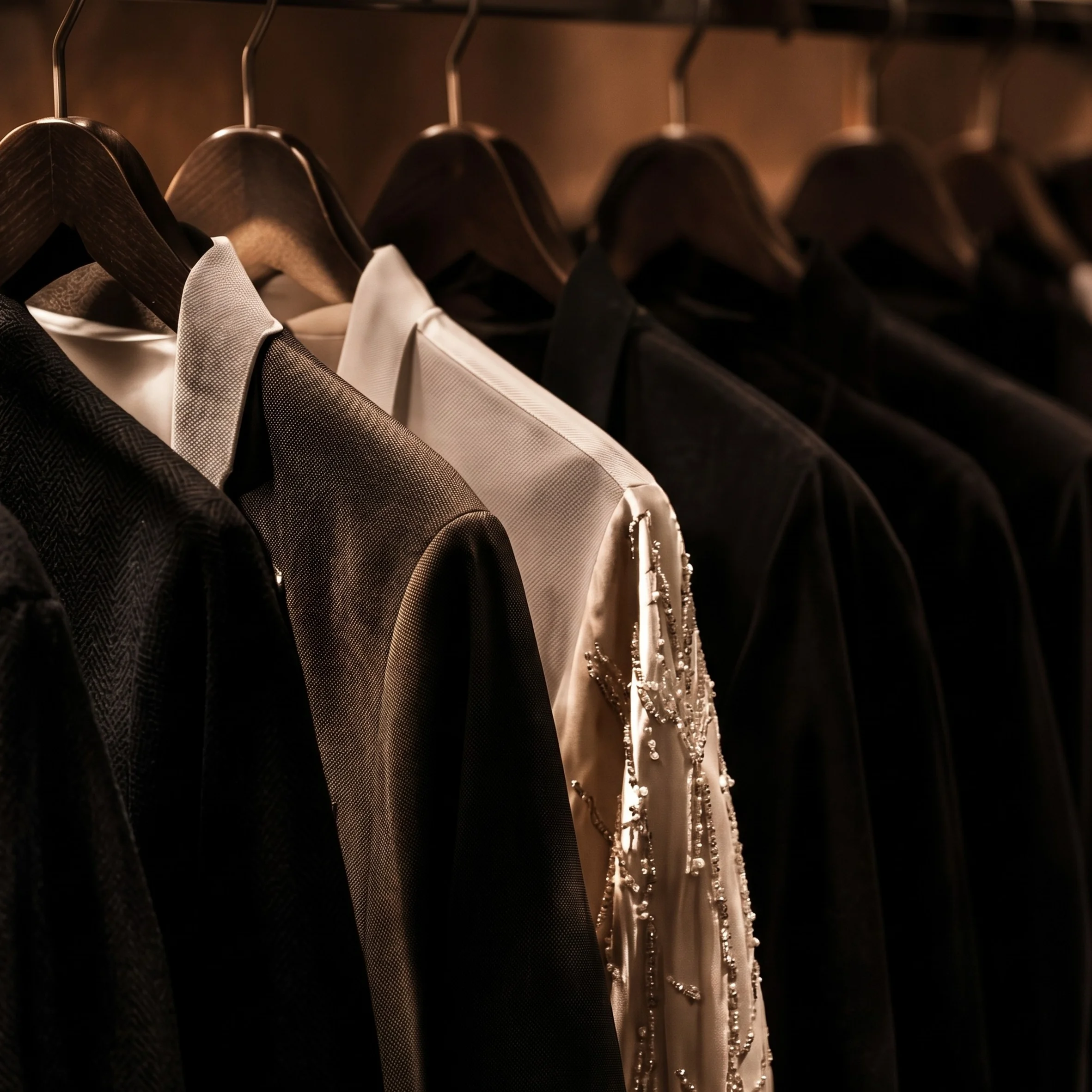 Neutral tailored jackets arranged on a studio wardrobe rack